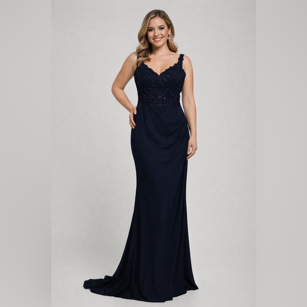 Betsy & Adam Navy Lace Bodice Maxi Dress